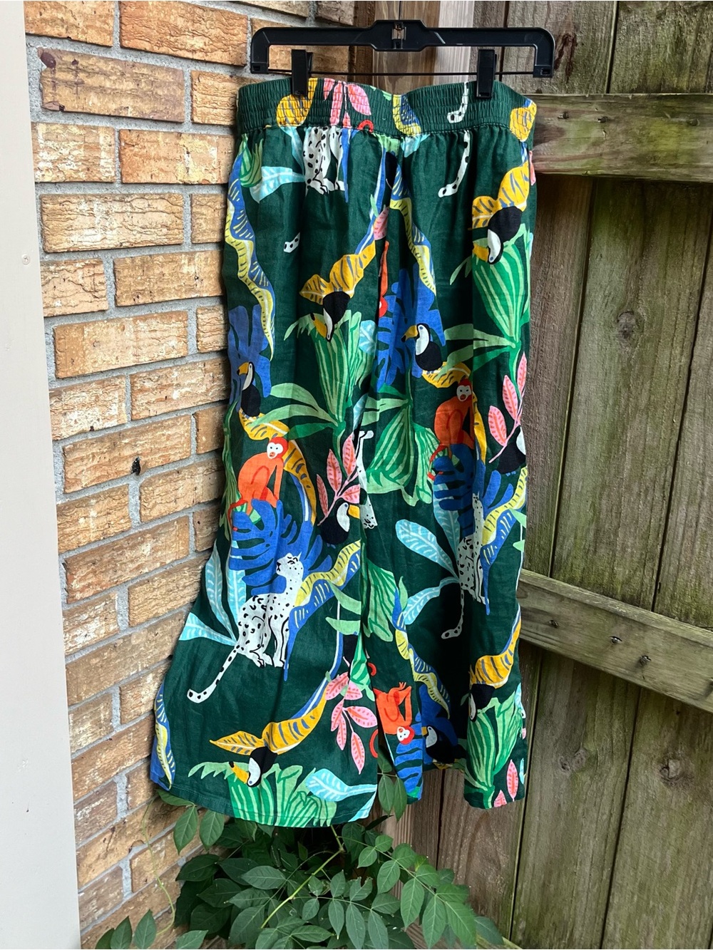 Christian Siriano Tropical Wide-Leg 100% Linen Pants in Green w Animals - Picture 4 of 4